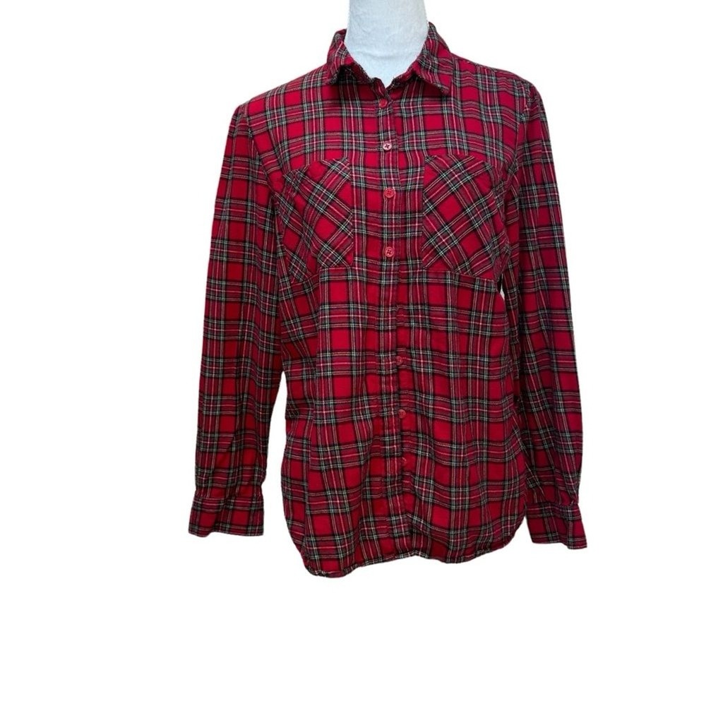 New Look Womens Red Plaid Button Down Flannel Shirt Long Sleeve SZ 8 EU 40
